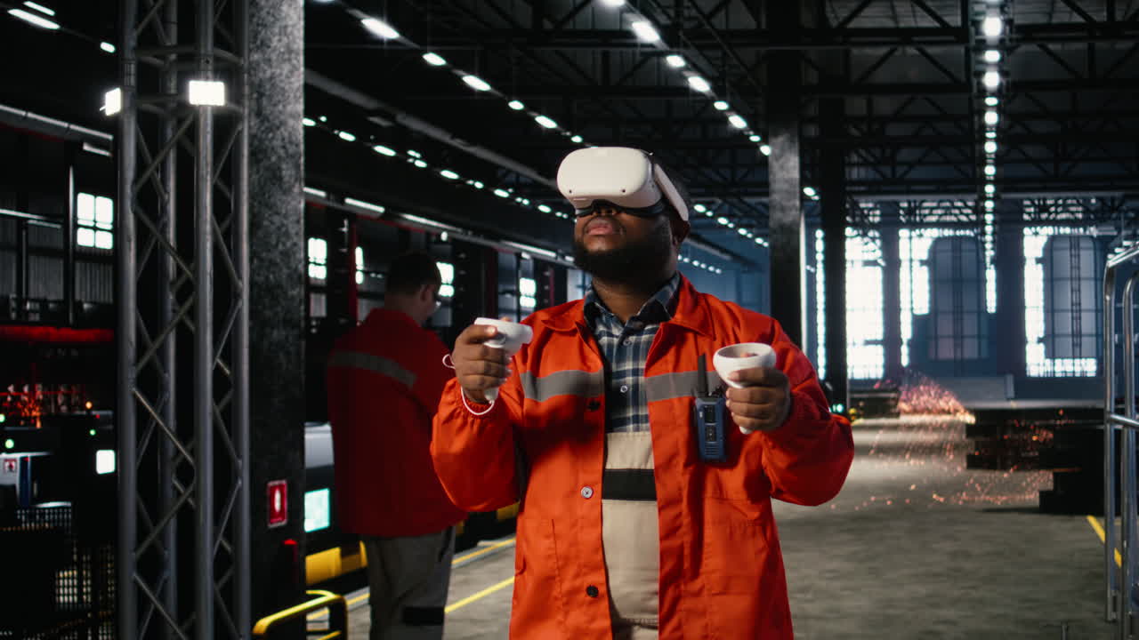 African american worker uses VR headset during technology training session