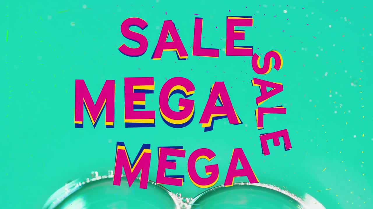 animación del texto de mega venta en primer plano de líquidos y bolas