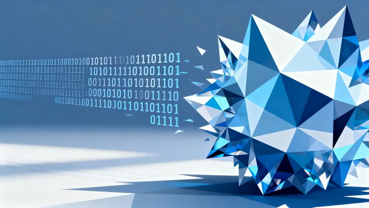 Roterende blåt polyhedron, der nærmer sig på blegt studiegulv, binær stribe vises og afslører facetter