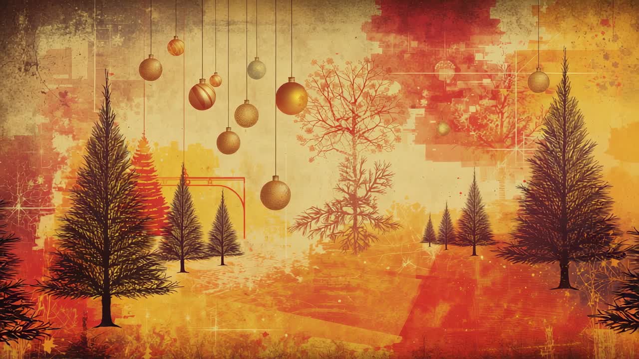 Hanging metallic baubles from stylized fir trees in abstract scene with geometric lines