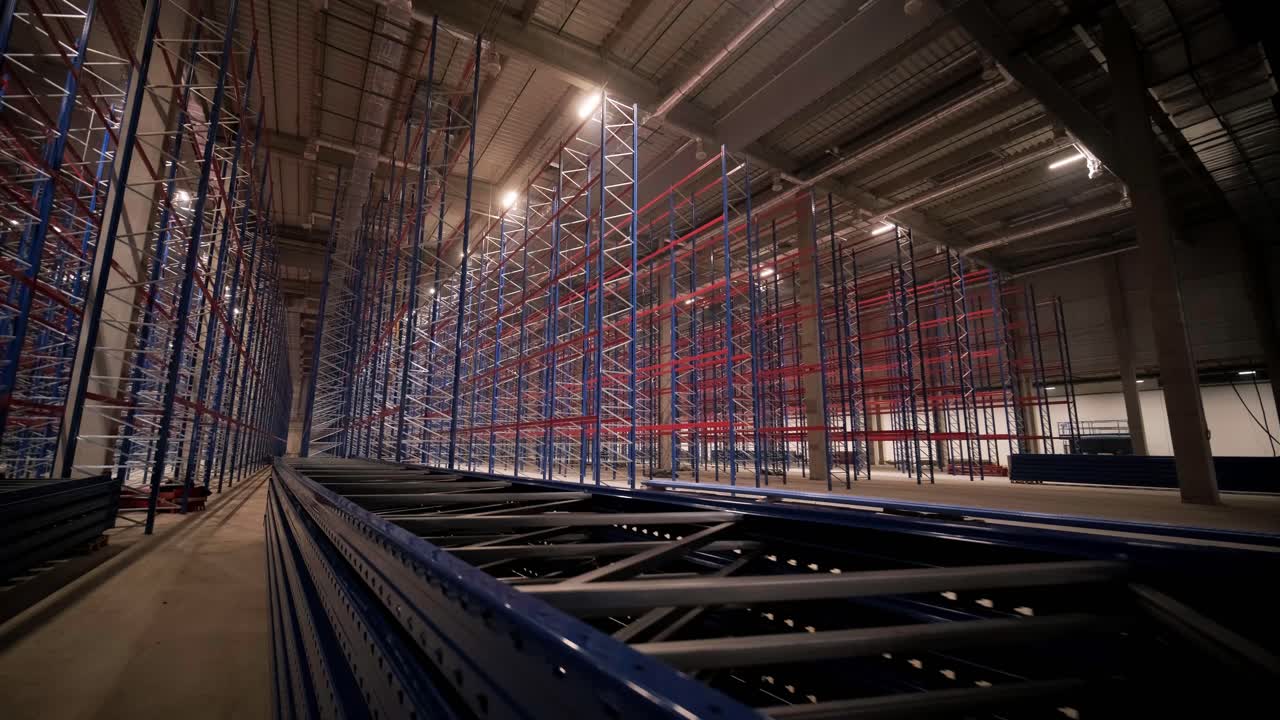 gran y moderno almacén en construcción, con estanterías metálicas y otros equipos industriales.