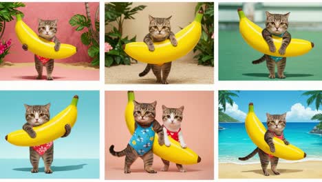 two playful cats enjoying their tropical adventure with a giant banana, showcasing fun costumes and a joyful atmosphere in various colorful settings