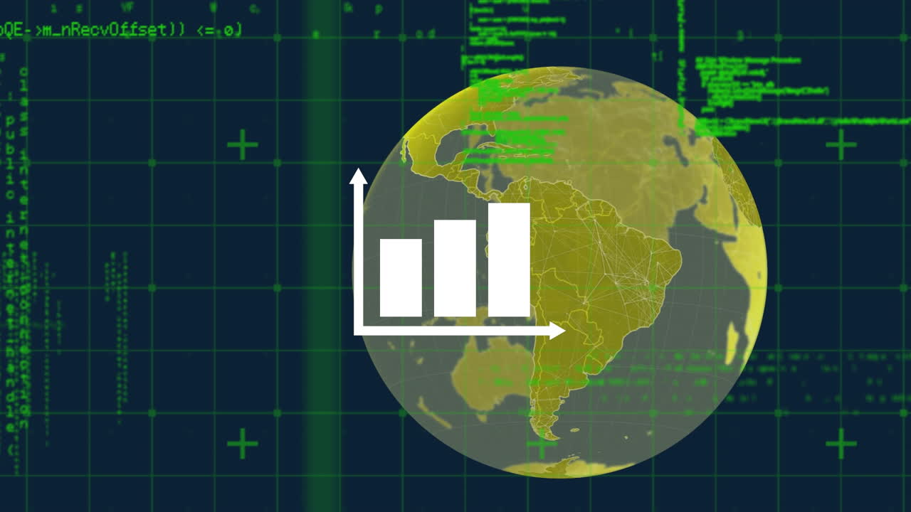 animación del procesamiento de datos digitales sobre estadísticas y globo