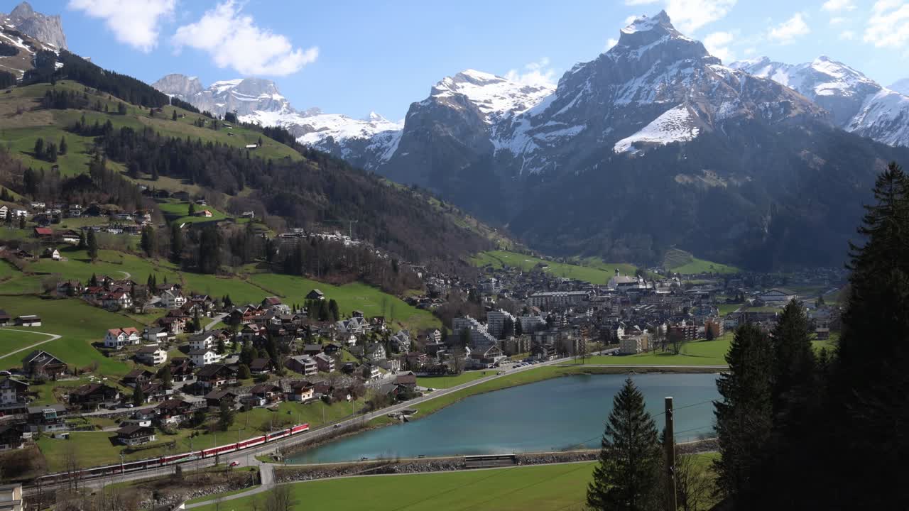 Mountain town panorama with alpine lake, Engelberg Switzerland