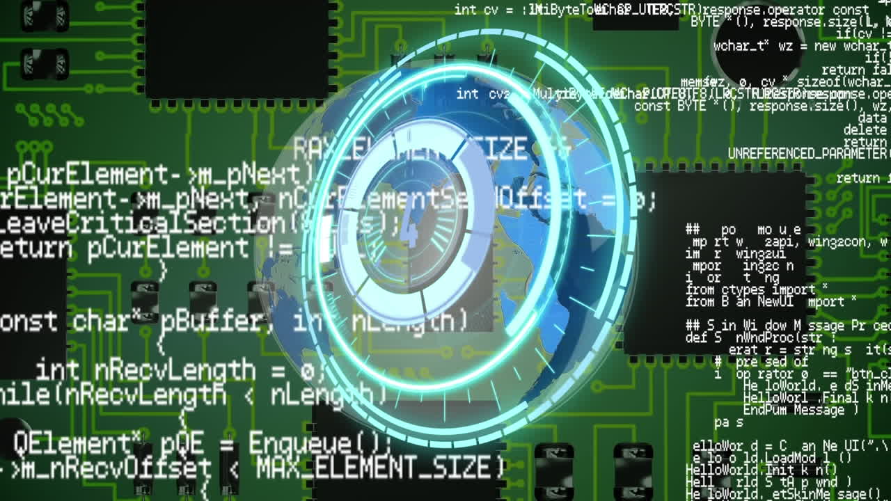 animación del círculo de procesamiento sobre el globo y procesamiento de datos en un circuito integrado