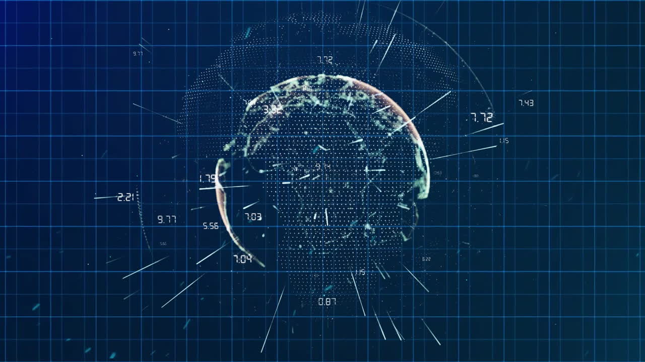 Animation of globe with network of connections over grid on dark background