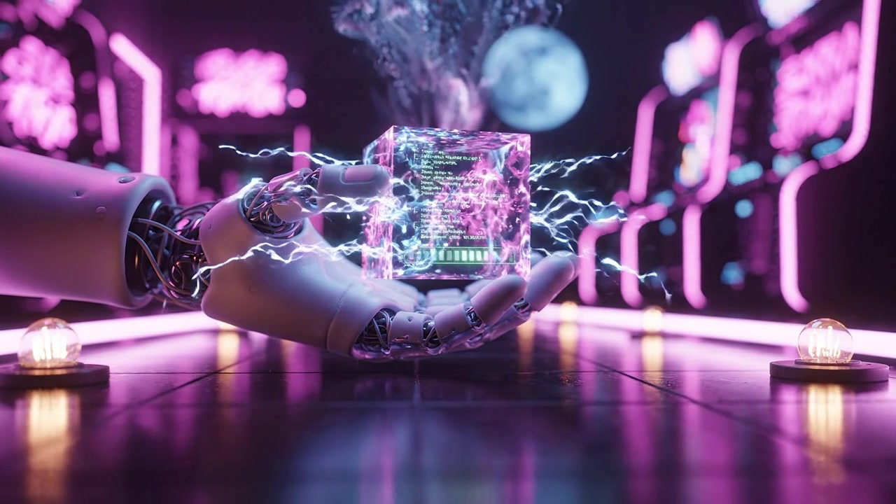 Una mano robotica futuristica tiene un cubo di energia luminoso in un ambiente illuminato al neon, mostrando tecnologia avanzata e innovazione cibernetica su uno sfondo cosmico.
