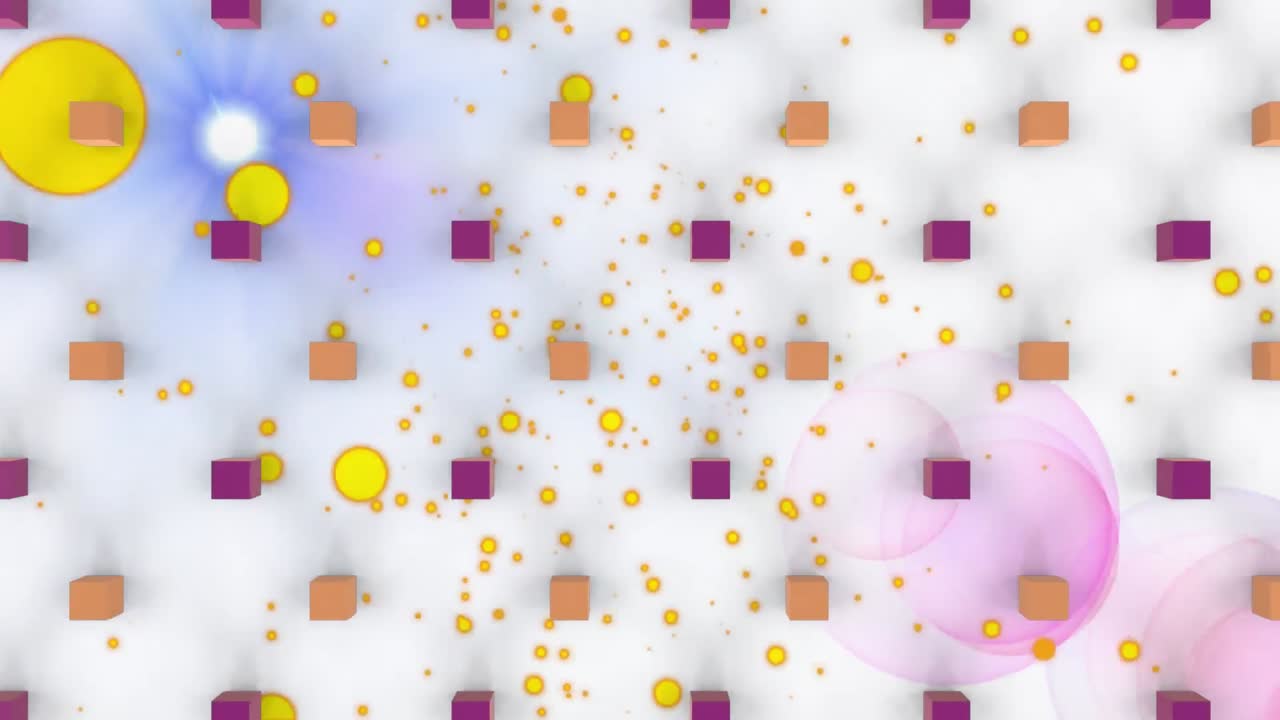 Animace padajících konfet přes modré geometrické tvary na bílém pozadí.