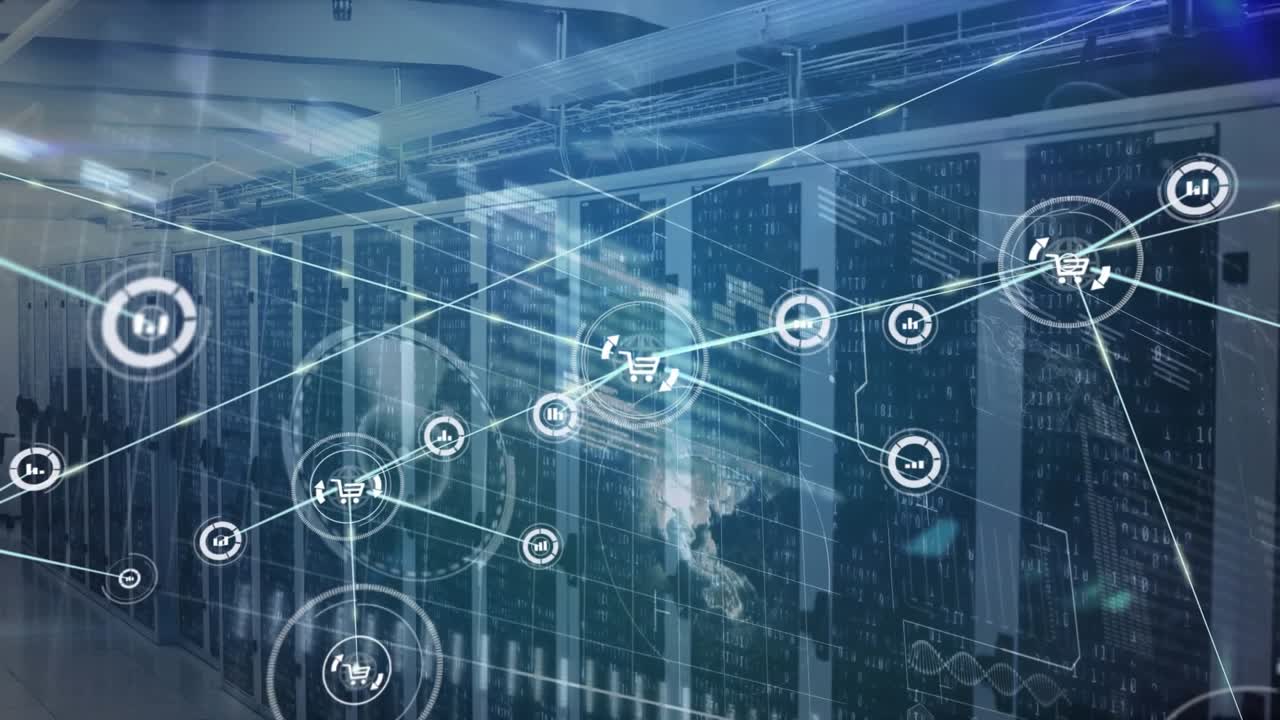 Animation of network of connections with icons and data processing over computer servers