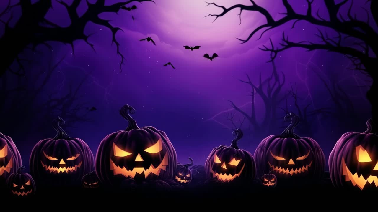 Eerie Halloween scene with glowing pumpkins in a dark forest