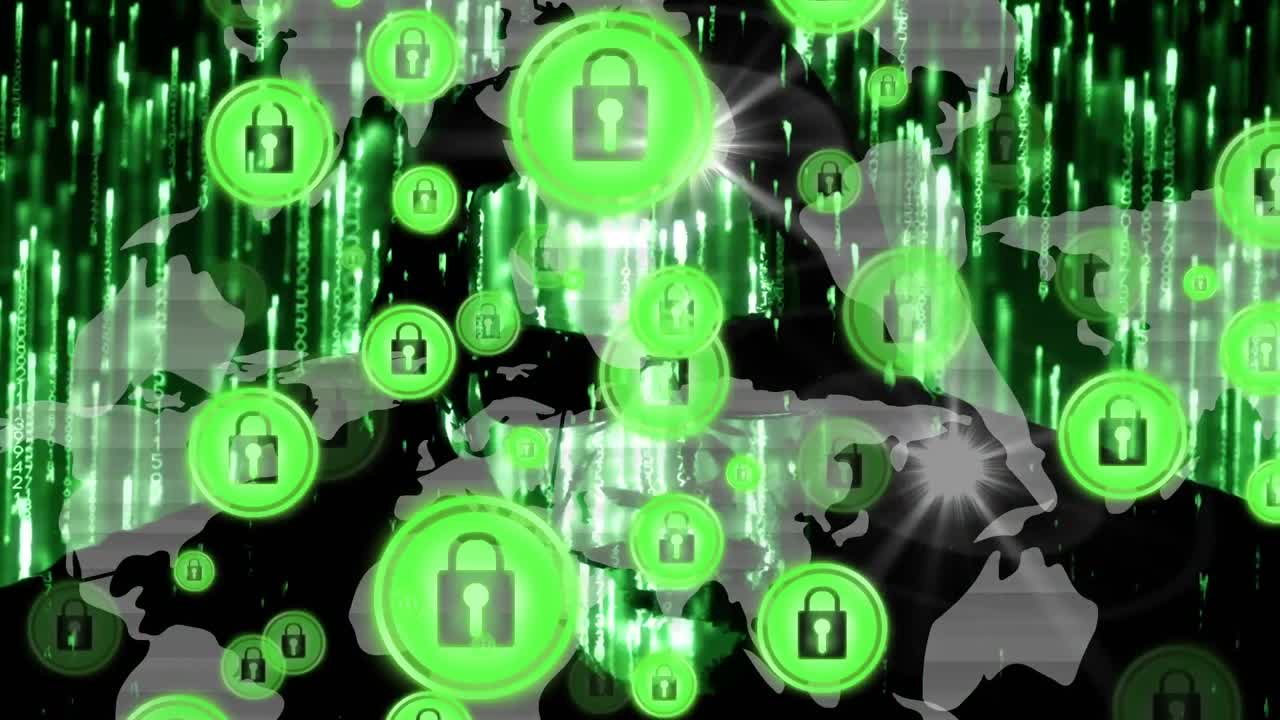 анимация сети соединений с значками безопасности замка на карте мира