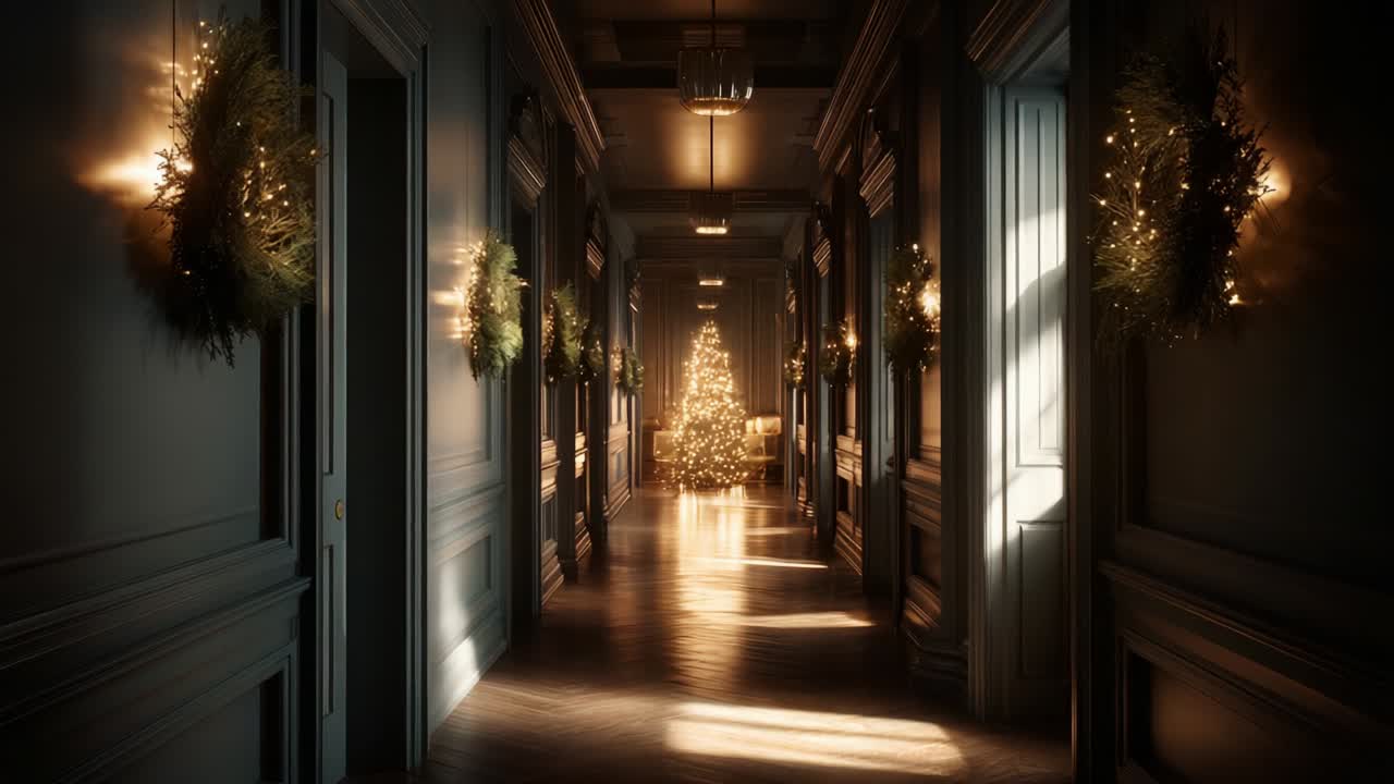 A Festively Decorated Hallway with a Beautiful Christmas Tree as the Focal Point, Surrounded by Elegant Holiday Wreaths and Radiant Lighting Creating a Warm and Inviting Atmosphere for the Winter Season