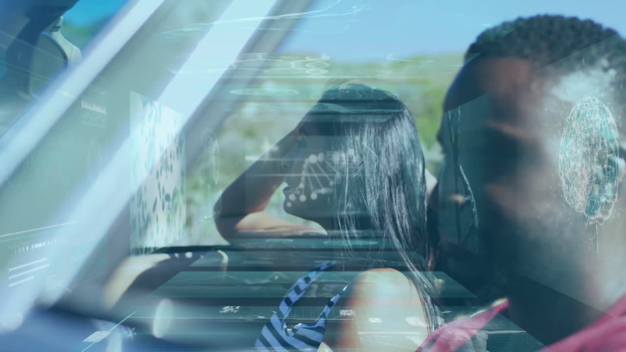 woman driver and male passenger driving inside car, interacting with floating tech HUD chart