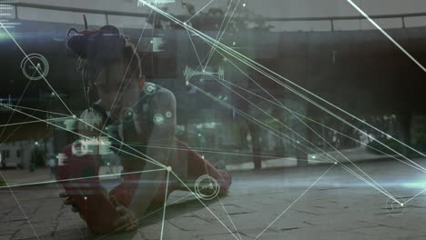 Animation of network of connections over woman exercising outdoors