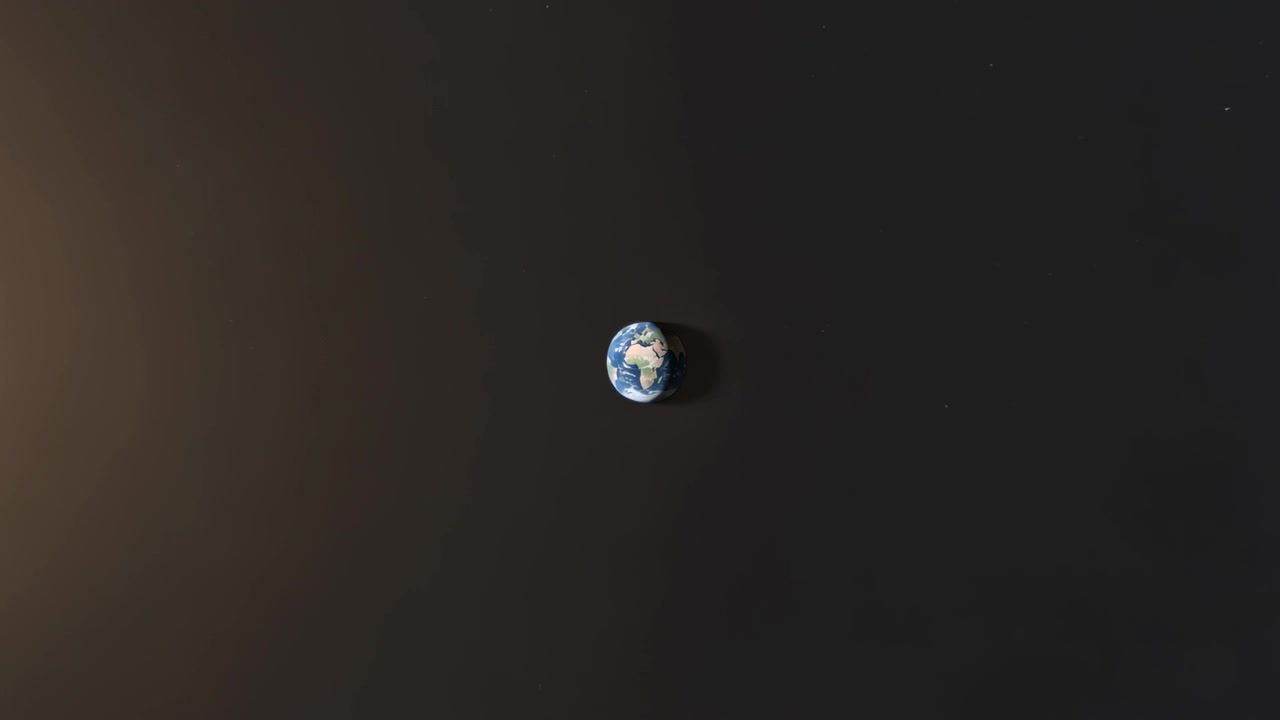 Pulling back camera showing Earth rotating and receding into space, revealing left glow