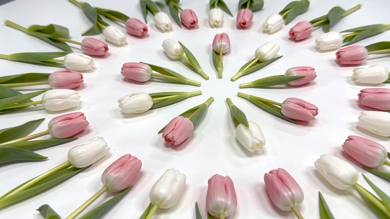 Bevægeligt kamera roterer tættere på hvidt bord, fremhæver lyserød-hvid tulipanring med grønt blad.