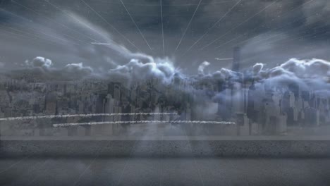 animación del procesamiento de datos y nubes sobre el paisaje urbano