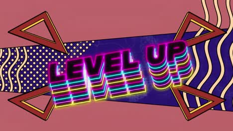 animation of level up text over pattern on pink background