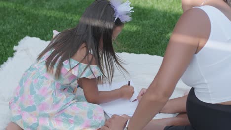 una madre y su hija pequeña se sientan en una manta en el patio trasero, participando en una actividad de dibujo juntos. la escena al aire libre captura un momento familiar pacífico, fomentando la creatividad y el vínculo.