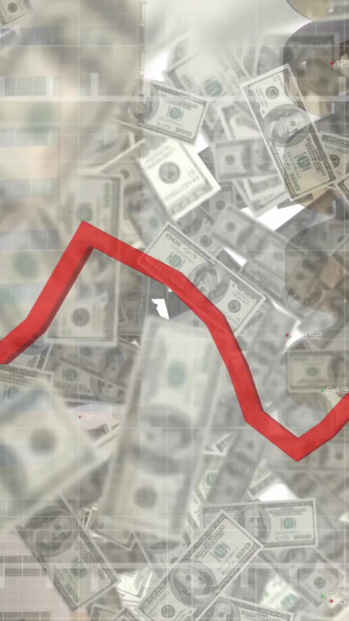 Red line graph animation over falling dollar bills and city buildings background