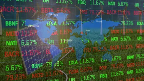 animation of financial data processing and world map over wind turbines and solar panel