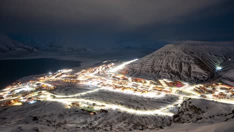 timelapse by night in longyearben town, svalbard, norway