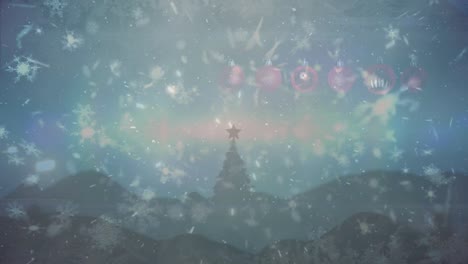 animation of snow falling and light trails with christmas tree over landscape