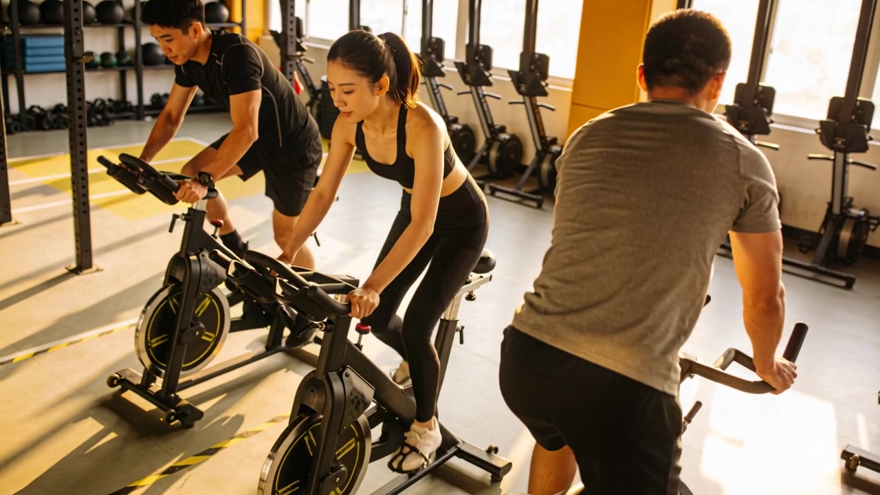 Mujer pedaleando, centrada, con ropa deportiva negra, manteniendo la postura en el gimnasio con bicicletas de spinning y rayos de sol entrando