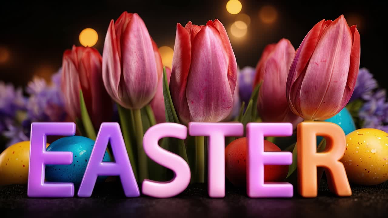 Lettere pasquali colorate brillano dolcemente contro tulipani rosa. Luci bokeh morbide incorniciano la scena festiva. Uova di Pasqua riposano accanto a fiori in fiore. Un'atmosfera calda e gioiosa evoca celebrazioni primaverili.