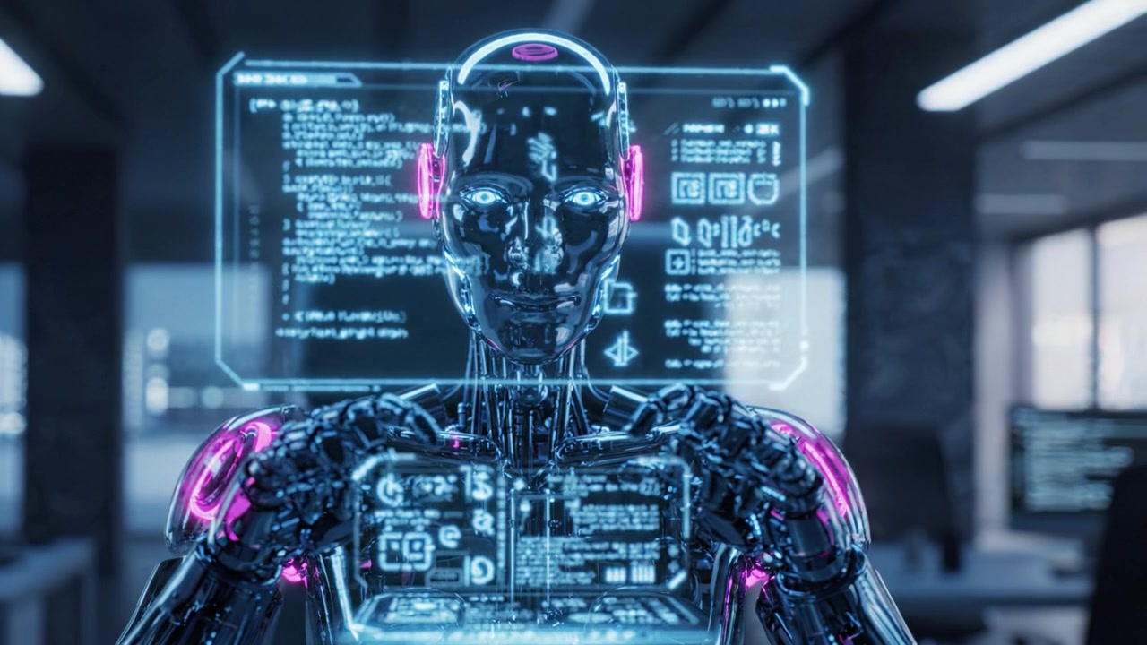 Futuristic humanoid robot interacting with digital interface, showcasing advanced technology and holographic displays in a modern cybernetic environment.