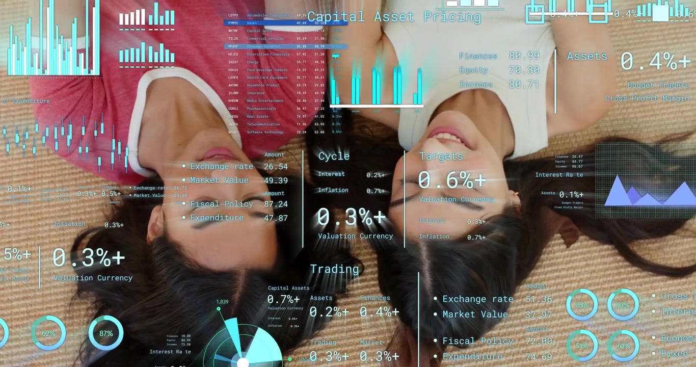Overhead view showing two women lying on mat monitoring profit gazing at emerging finance holograms