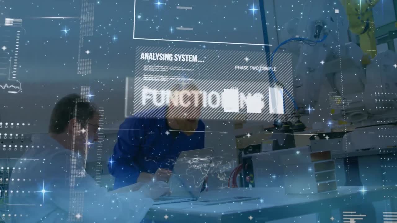 공장에서 일하는 백인 남성 엔지니어와 노동자에 대한 데이터 처리의 애니메이션