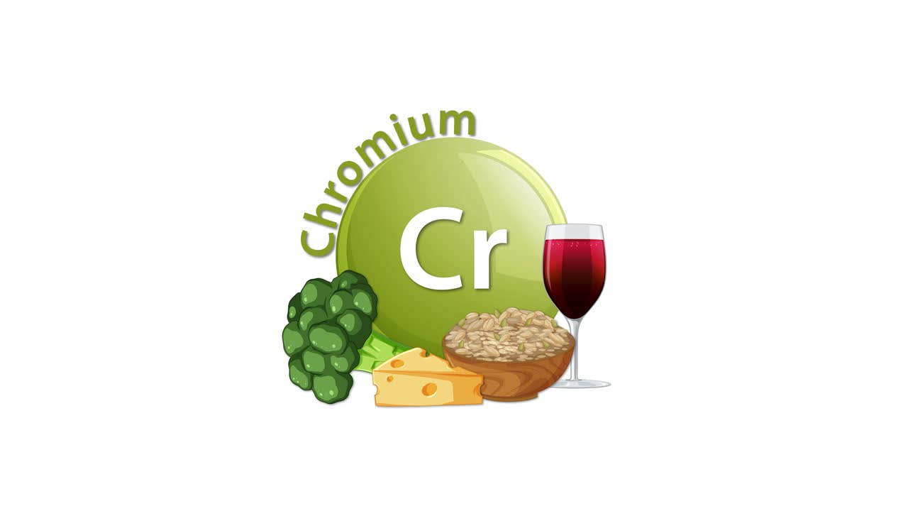 A green chromium element icon animates in, accompanied by broccoli, cheese, grains, and a glass of red wine, on a clean white background