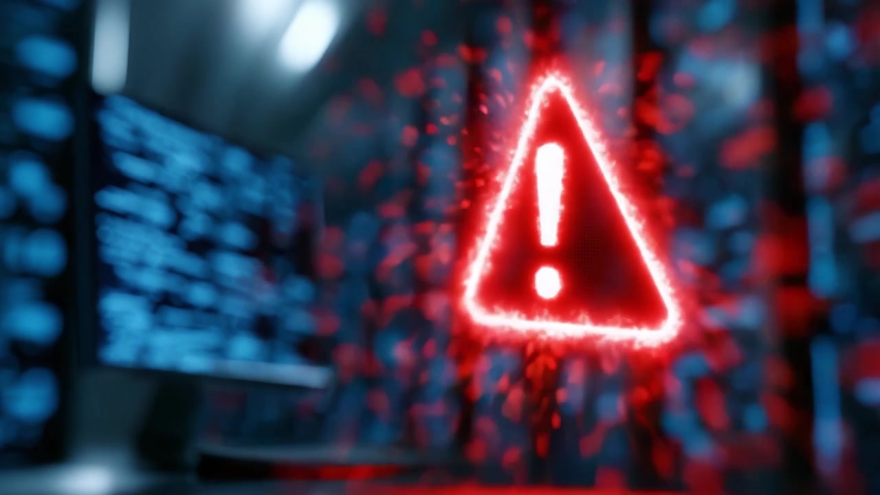 Alert Signal Visualized: A Striking Red Exclamation Mark Within a Hazarded Triangle, Set Against a Technological Background Representing a Data-driven Environment
