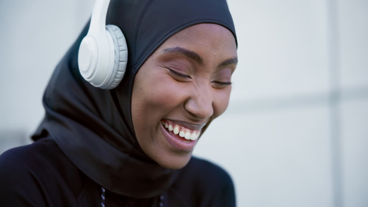 Woman, smile and headphones for streaming radio