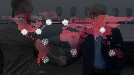animación de la red de conexiones sobre el mapa del mundo, avión y hombres de negocios