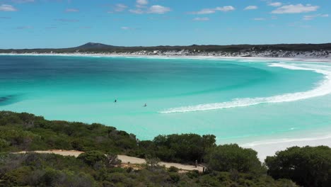 Excelente-Toma-Aérea-De-Surfistas-Que-Se-Adentran-En-Las-Aguas-De-La-Bahía-De-Wharton,-Esperance,-Australia