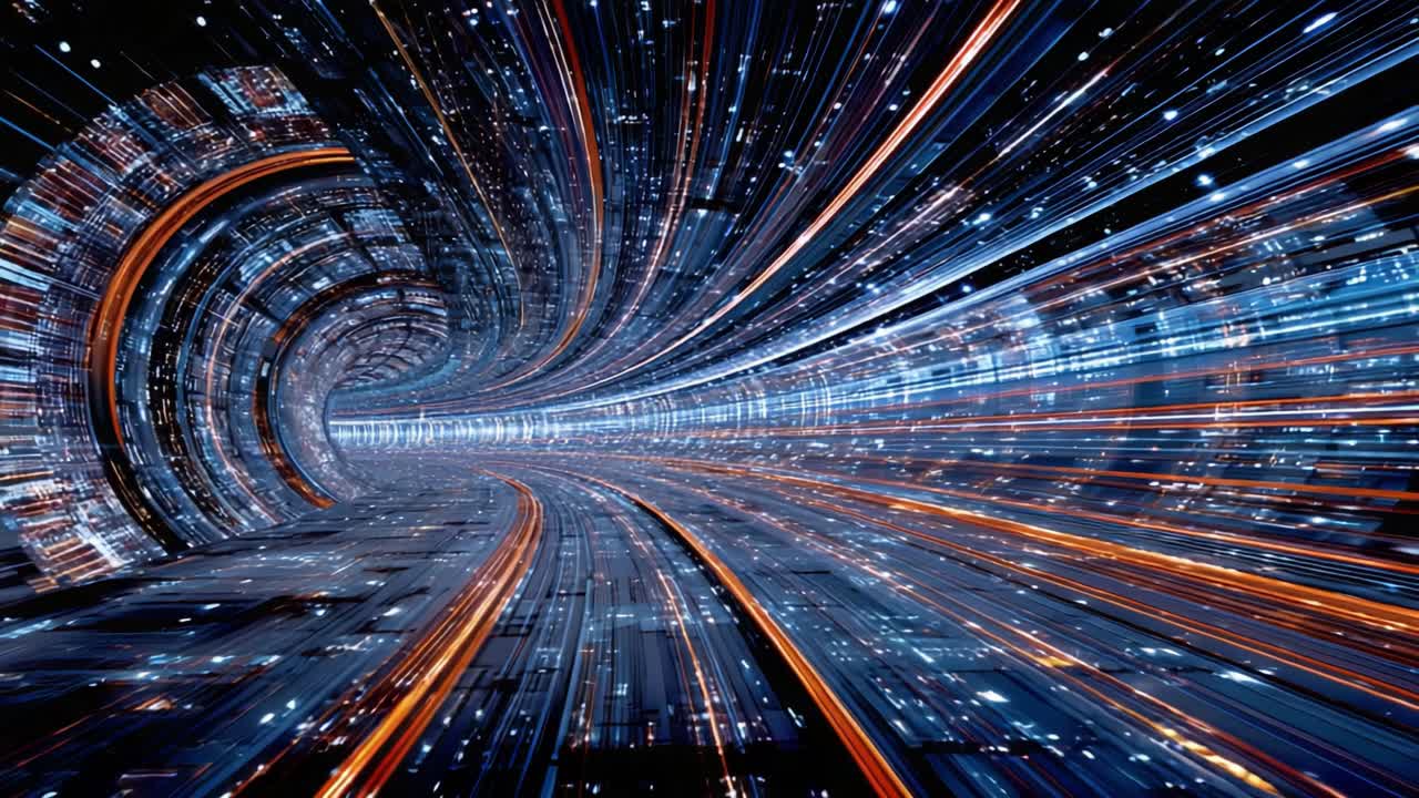 Un affascinante viaggio visivo attraverso un tunnel futuristico, caratterizzato da scie luminose vivaci e una sensazione di movimento infinito, che evoca sensazioni di velocità e innovazione in un paesaggio digitale