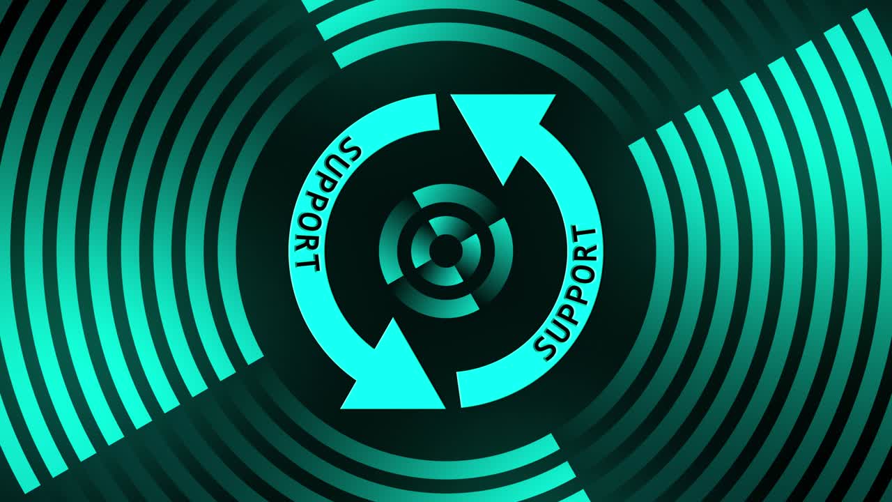 뒷받침의 4k에서 추상적인 움직임 업데이트 표시 원형 선의 중앙에 - 검은색 배경에 칠색으로 그래픽 요소 - 소프트웨어 업데이트 컴퓨터 프로그램