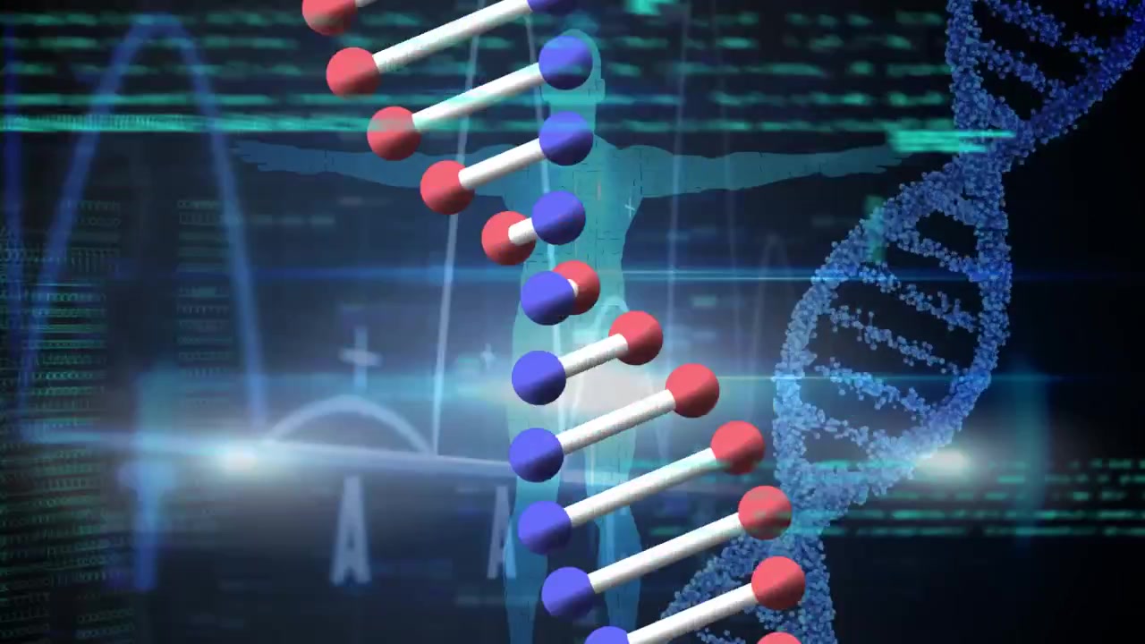 Animation of diverse data processing, human model and dna on black background
