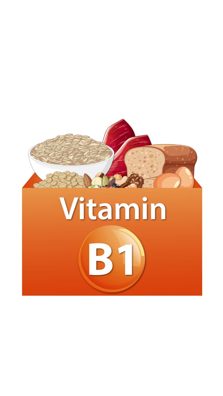 Akıcı, dikey bir animasyonla tahıllar, ekmek, yumurta ve sebzelerle dolan turuncu B1 vitamini kutusu.