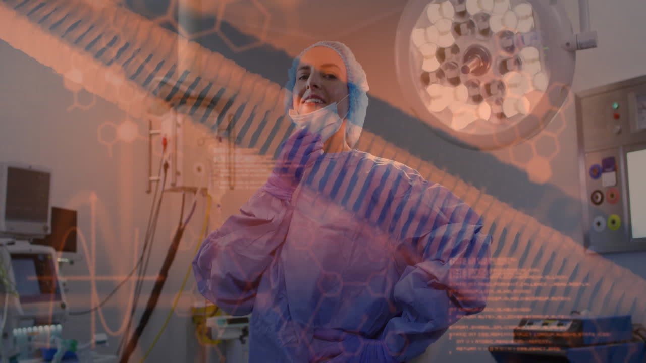 In animation, medical professional in surgical attire analyzing DNA strand and data