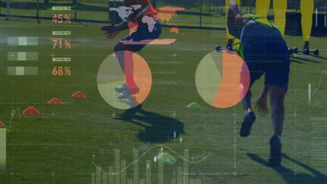 animation of data processing over diverse soccer players exercising at stadium