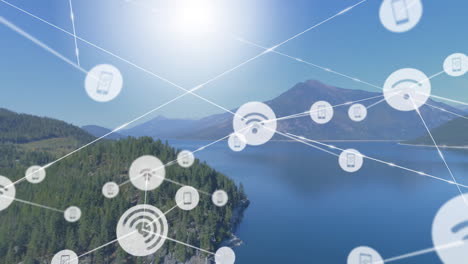 network of connections and data processing animation over lake and mountain landscape