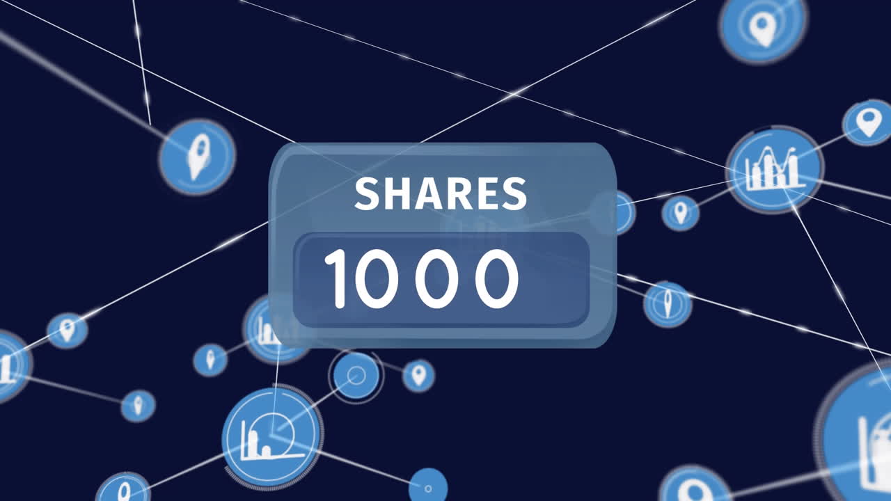 Animation of numbers and shares text over network of connections with icons