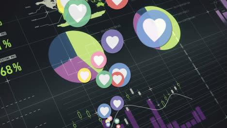 animation of heart icons over statistics and data processing