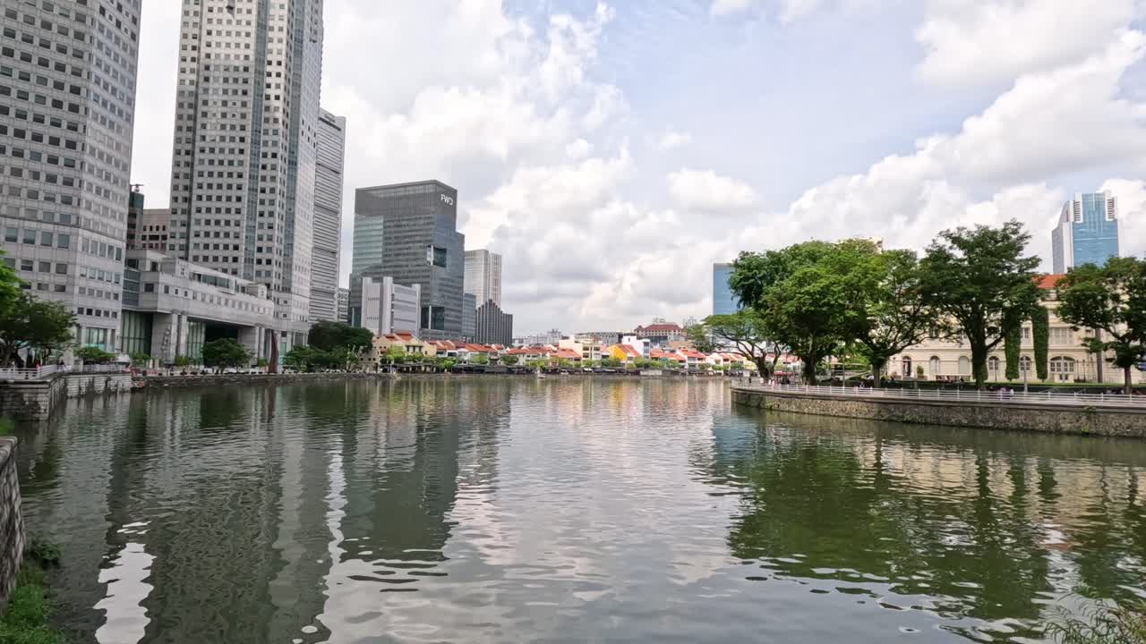 Calm water mirrors a vibrant urban skyline.
