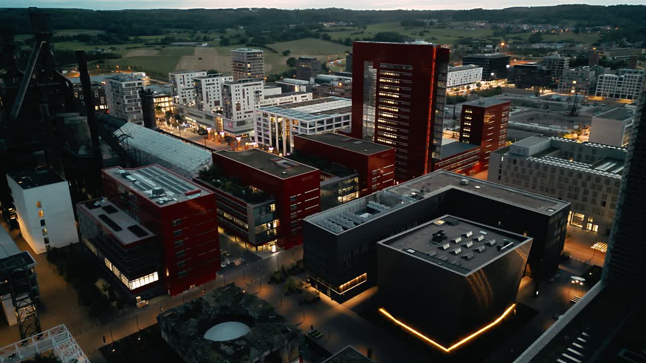 Drone footage of Belval in Luxembourg showing the RBC-building at night