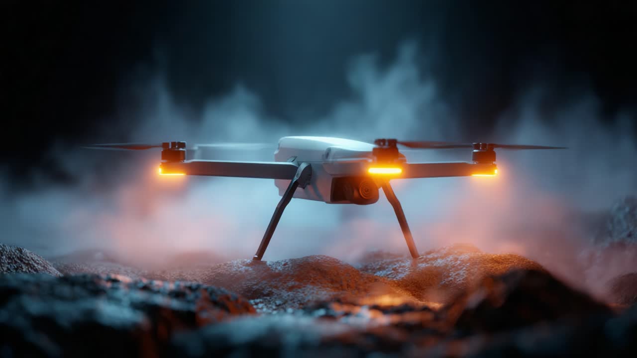 A Futuristic Drone Equipped with Bright Lights Over a Rugged Terrain, Emitting an Air of Mystery Amidst a Foggy Background, Perfect for High-Tech Exploration and Aerial Photography
