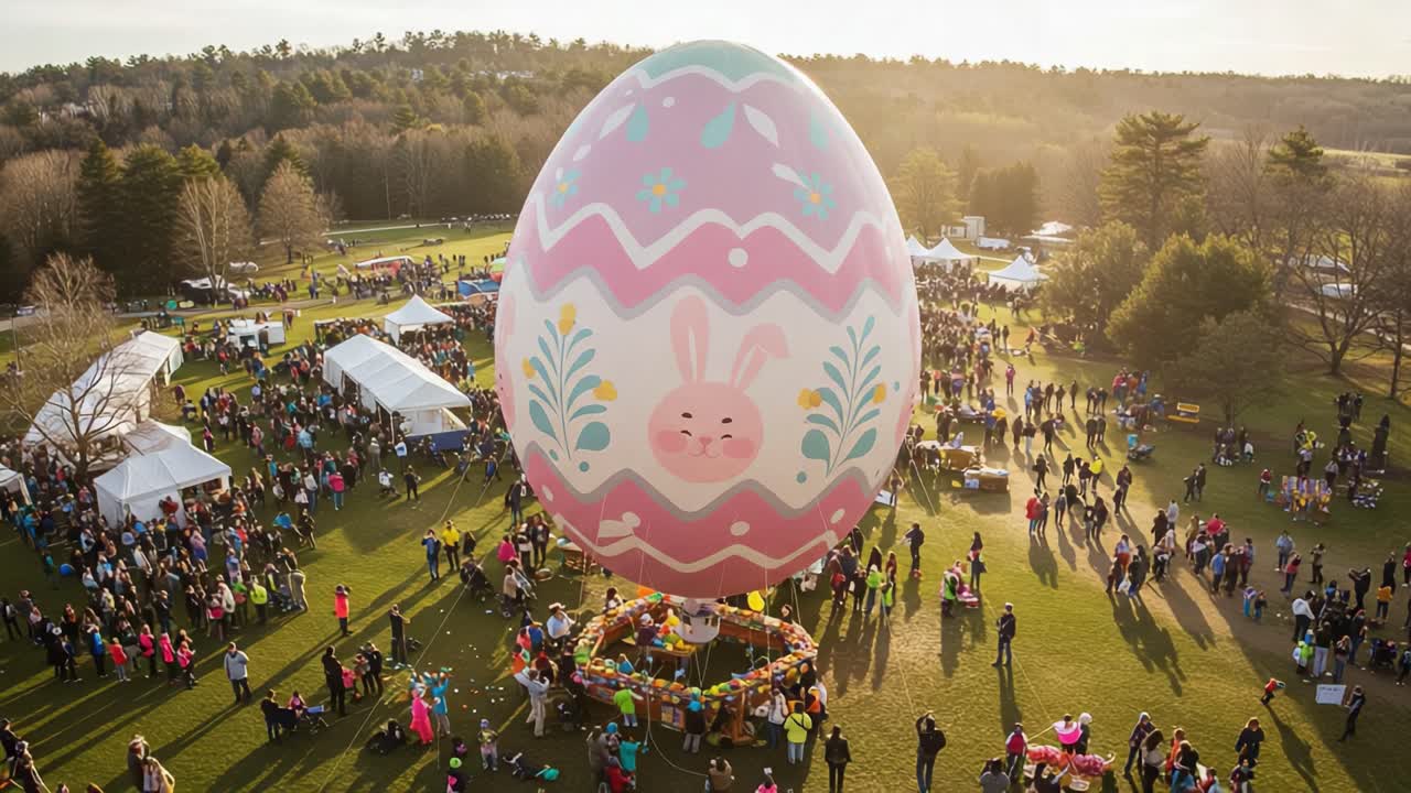 緑豊かな公園を舞台に、巨大な装飾が施されたイースターエッグを囲んで人々がお祝いを楽しむ、活気に満ちたイースターのお祝いの空撮
